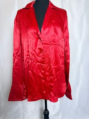 L'Academie Red Satin Button-Down Shirt